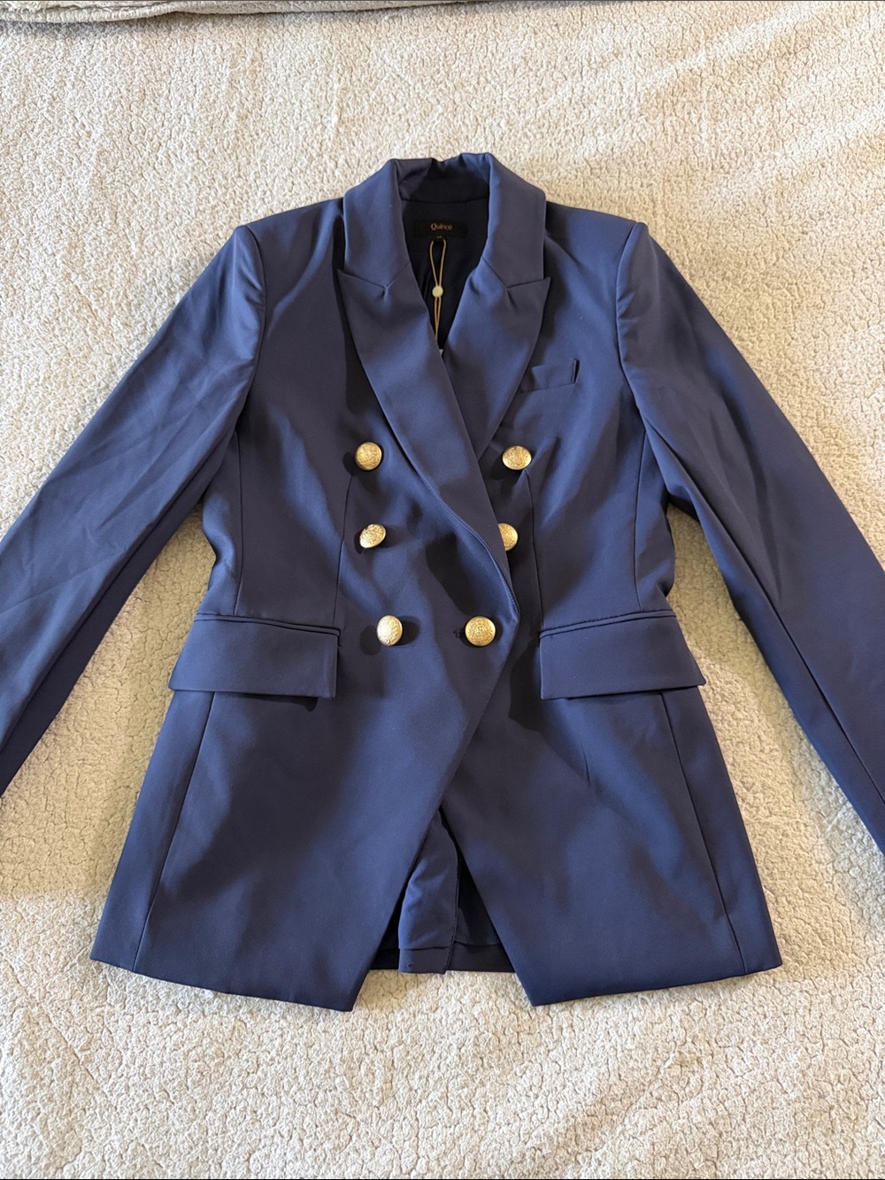 Quince Navy Double-Breasted Blazer with Gold Buttons